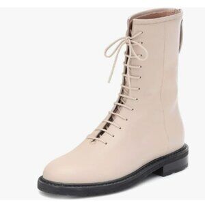 XYD Nude Girls Lug Sole Stacked Chunky Heel Front Lace Up Zipper Combat Boots